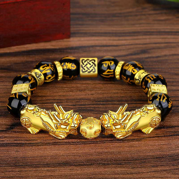 Buddha Stones FengShui Doble PiXiu Obsidiana Om Mani Padme Hum Pulsera de Riqueza