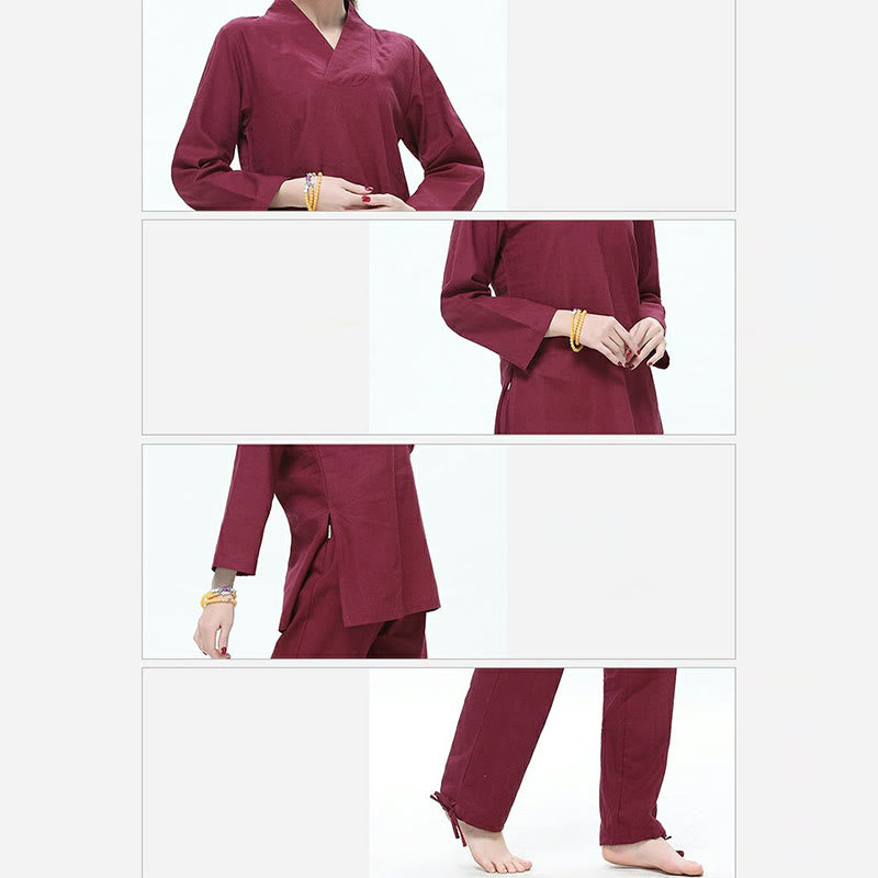 Conjunto de ropa de lino y algodón para mujer, uniforme con diseño de Buddha Stones, práctica Zen, Yoga, meditación, oración, cuello en V - image 4