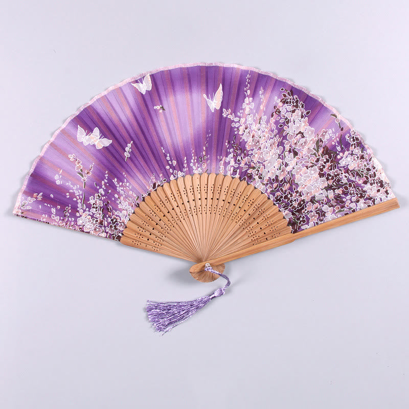 Abanico plegable de bambú de seda de mano con flores de mariposa y Buddha Stones