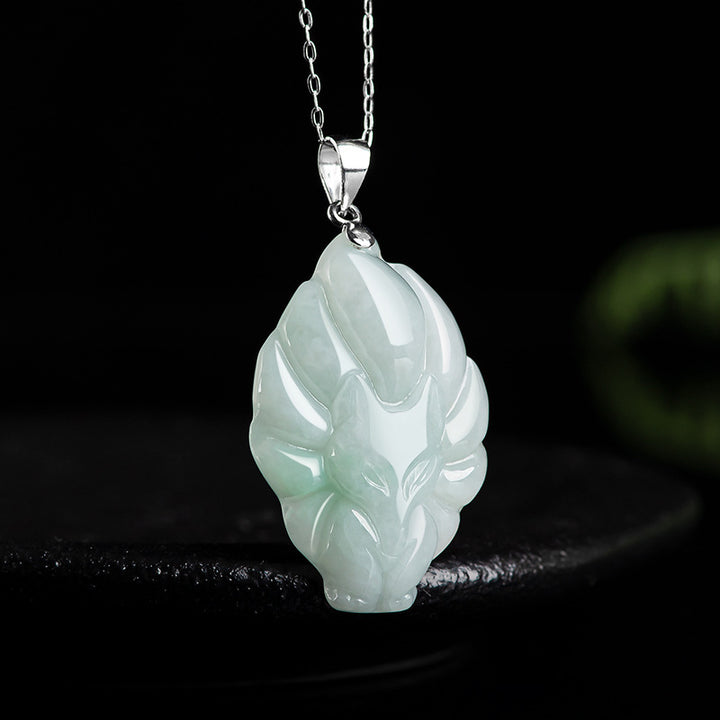 Colgante de collar de prosperidad de zorro de nueve colas de jade natural de plata de ley 925 con Buddha Stones