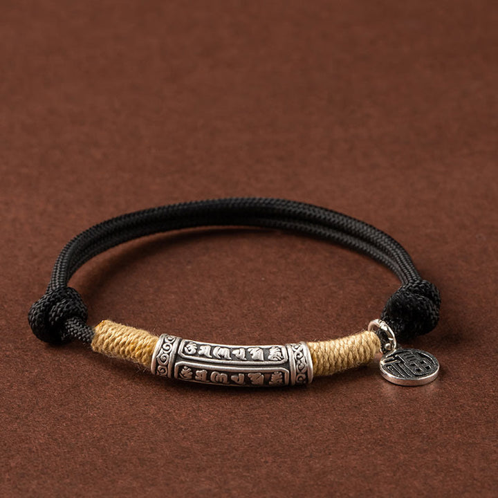 Pulsera trenzada de plata de ley 999 con Buddha Stones , hecha a mano en el Tíbet, Om Mani Padme Hum Fu, personaje de TopRank, suerte - Om Mani Padme Hum de plata - Cuerda negra (circunferencia de la muñeca: 15-19 cm) - image 3
