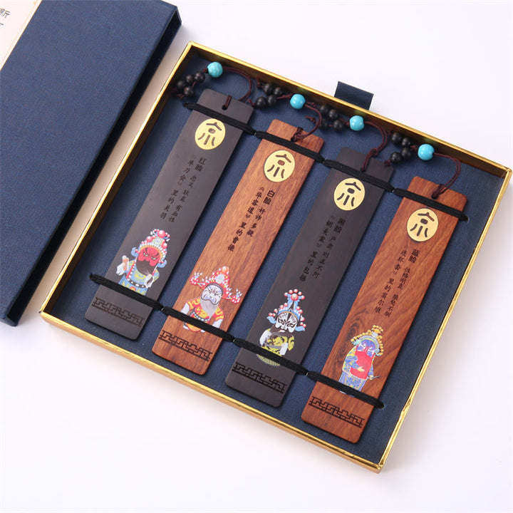Buddha Stones, 4 Uds., cuatro estaciones, ciruela, orquídea, bambú, crisantemo, ópera de Pekín, marcapáginas de madera con caja de regalo