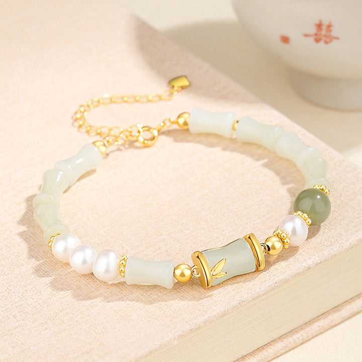 Pulsera de bendición de la suerte de bambú de jade blanco hetiano natural de plata de ley 925 con Buddha Stones