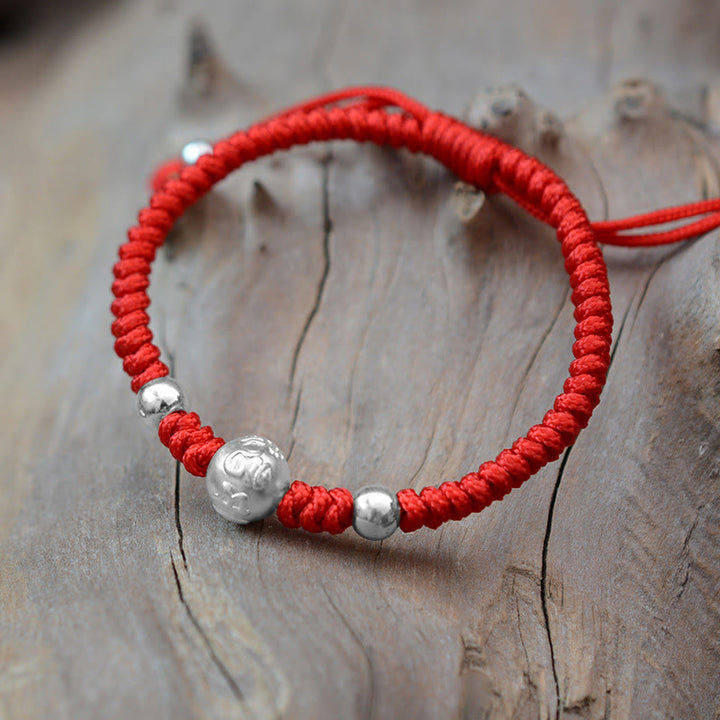 Pulsera de pareja de cuerda de fuerza de la suerte con moneda de cobre Om Mani Padme Hum de plata de ley 999 con Buddha Stones