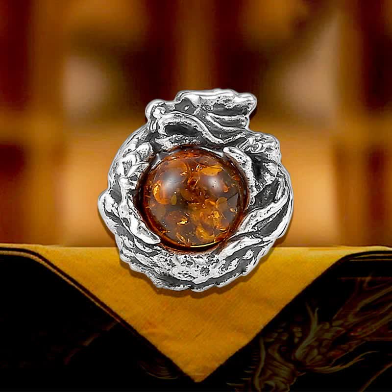 Pendientes de plata de ley 925 con Buddha Stones , diseño de dragón de ámbar natural