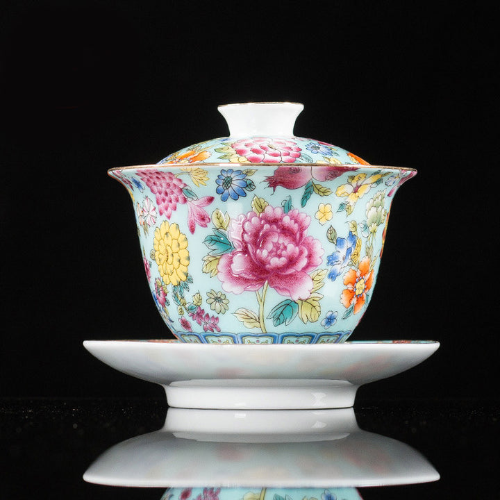Taza de té y platillo con tapa, Gaiwan Sancai de cerámica, flores de peonía, Buddha Stones , Kung Fu