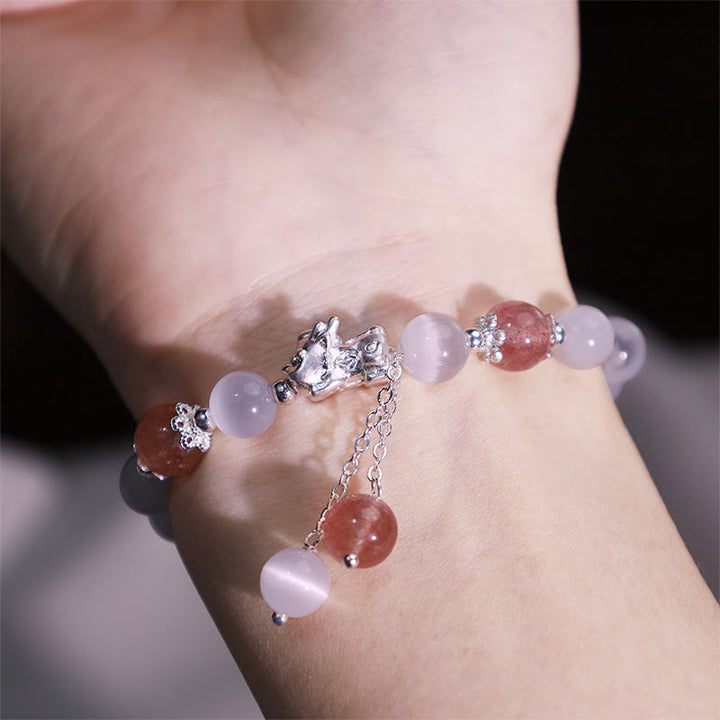 Pulsera de soporte PiXiu de cuarzo fresa, piedra lunar, ojo de gato natural, Buddha Stones