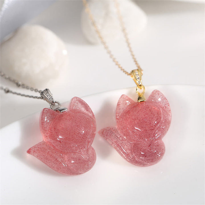 Collar con colgante de zorro y cuarzo fresa con Buddha Stones , bañado en oro de 14 quilates y plata de ley 925. - image 1