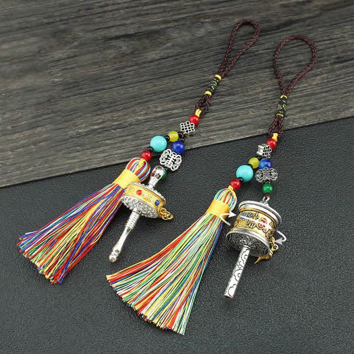 Tíbet Om Mani Padme Hum rueda de oración borla bolsa decoración colgante de coche