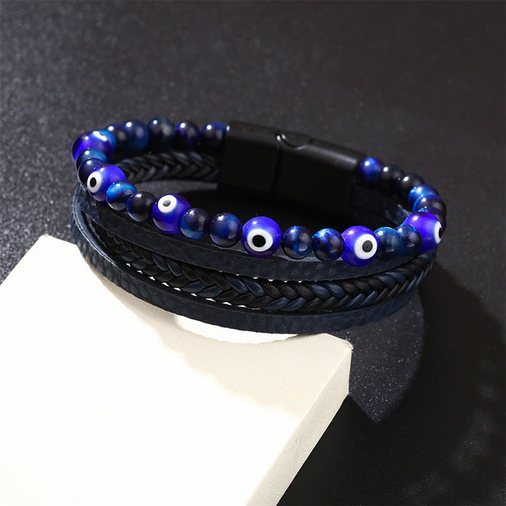 Pulsera trenzada multicapa con cuentas de protección de ojo de tigre de ojo malvado de Buddha Stones