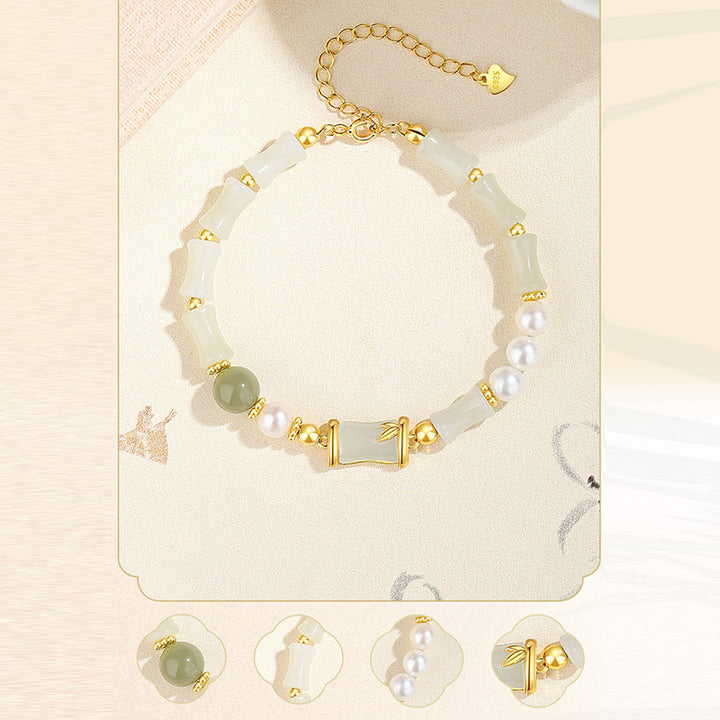 Pulsera de bendición de la suerte de bambú de jade blanco hetiano natural de plata de ley 925 con Buddha Stones