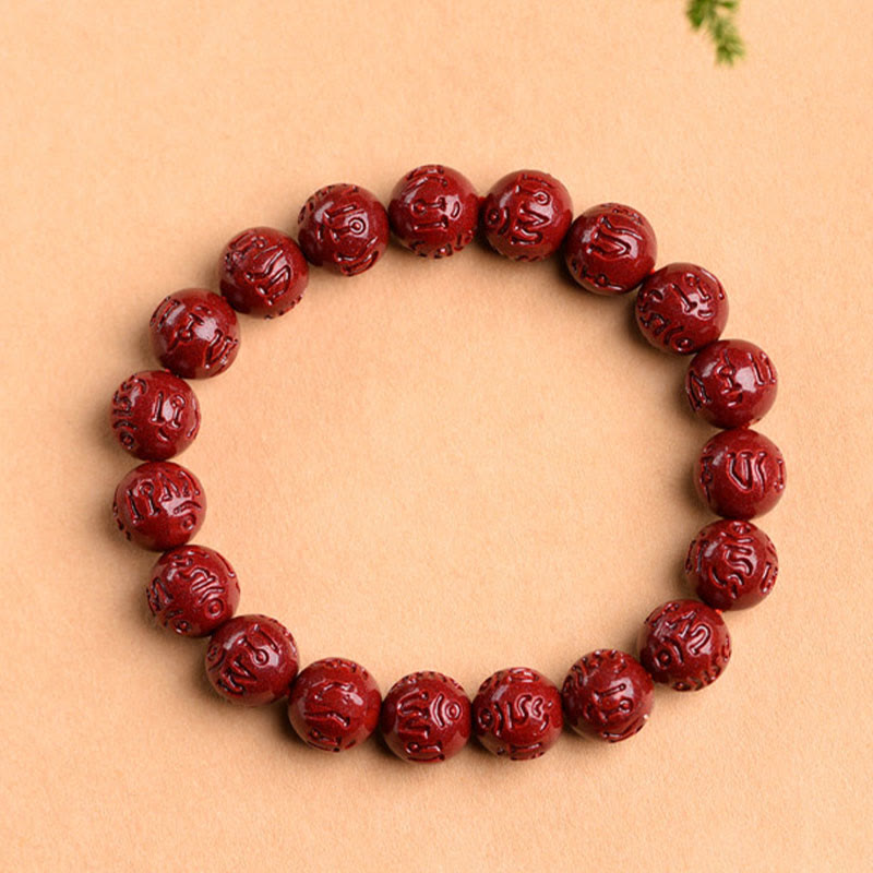 Pulsera de bendición de loto con patrón de traste Om Mani Padme Hum de cinabrio Natural con Buddha Stones