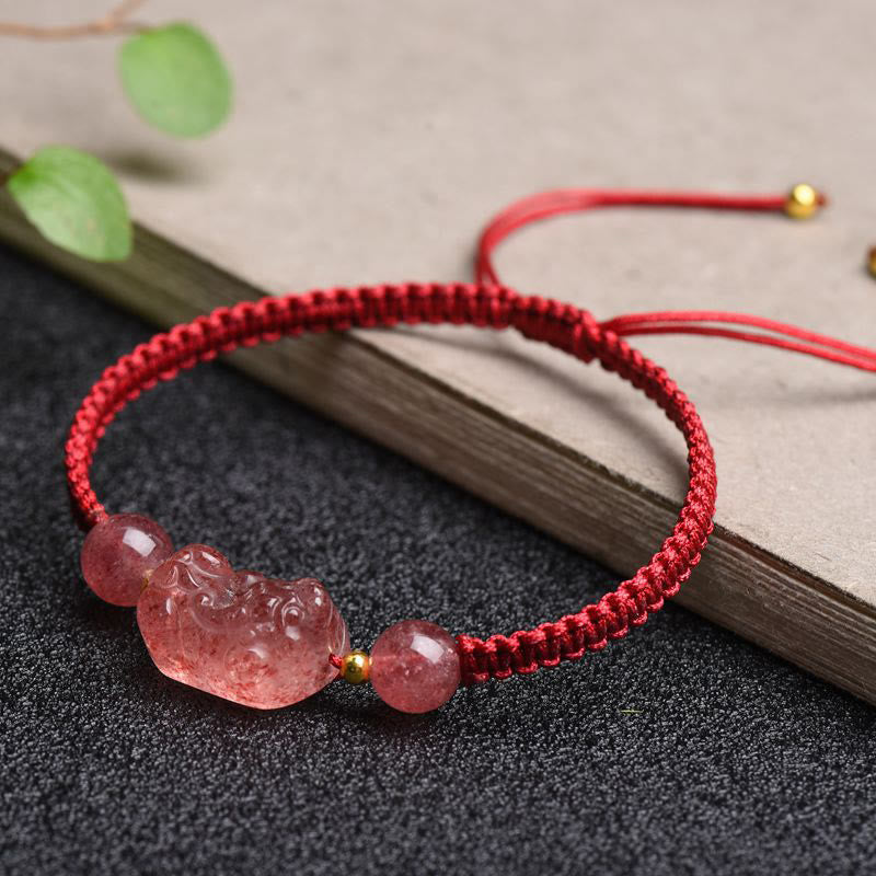 Pulsera de hilo rojo de la suerte PiXiu de cuarzo fresa Natural con Buddha Stones