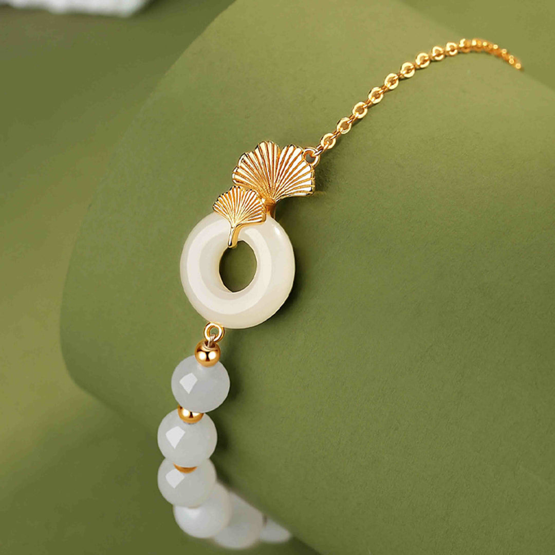 Pulsera de la suerte con Buddha Stones, plata de ley 925, jade blanco hetiano, hebilla de la paz, hoja de Ginkgo