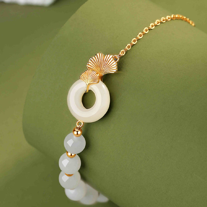 Pulsera de la suerte con Buddha Stones, plata de ley 925, jade blanco hetiano, hebilla de la paz, hoja de Ginkgo