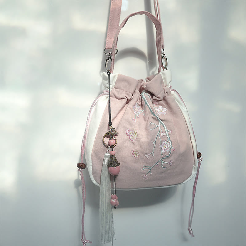 Bolso de hombro de lona con flores bordadas hechas a mano con Buddha Stones
