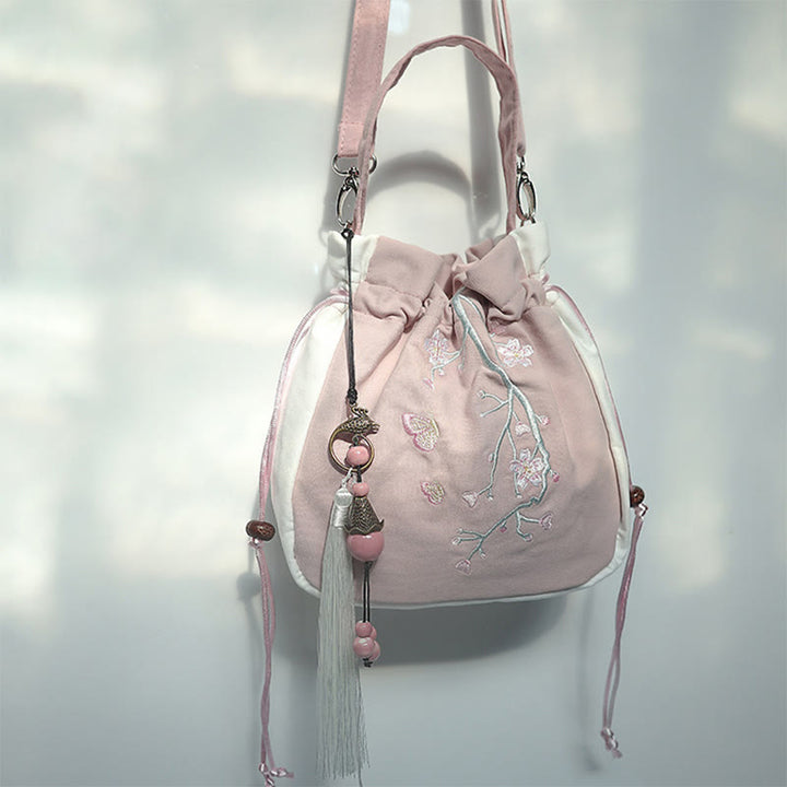 Bolso de hombro de lona con flores bordadas hechas a mano con Buddha Stones