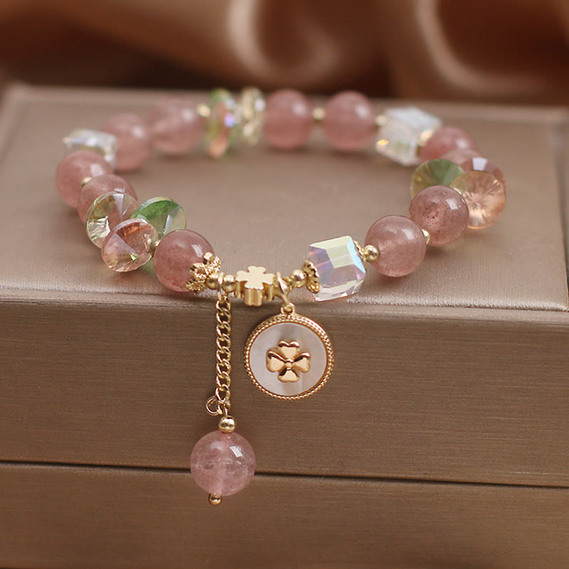 Pulsera con dijes curativos de trébol de cuatro hojas de la suerte, cuarzo fresa, Buddha Stones