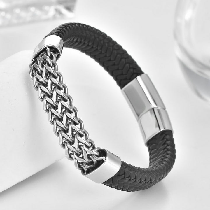 Buddha Stones Pulsera de cuero negro con hebilla de cadena resistente y diseño trenzado - image 1