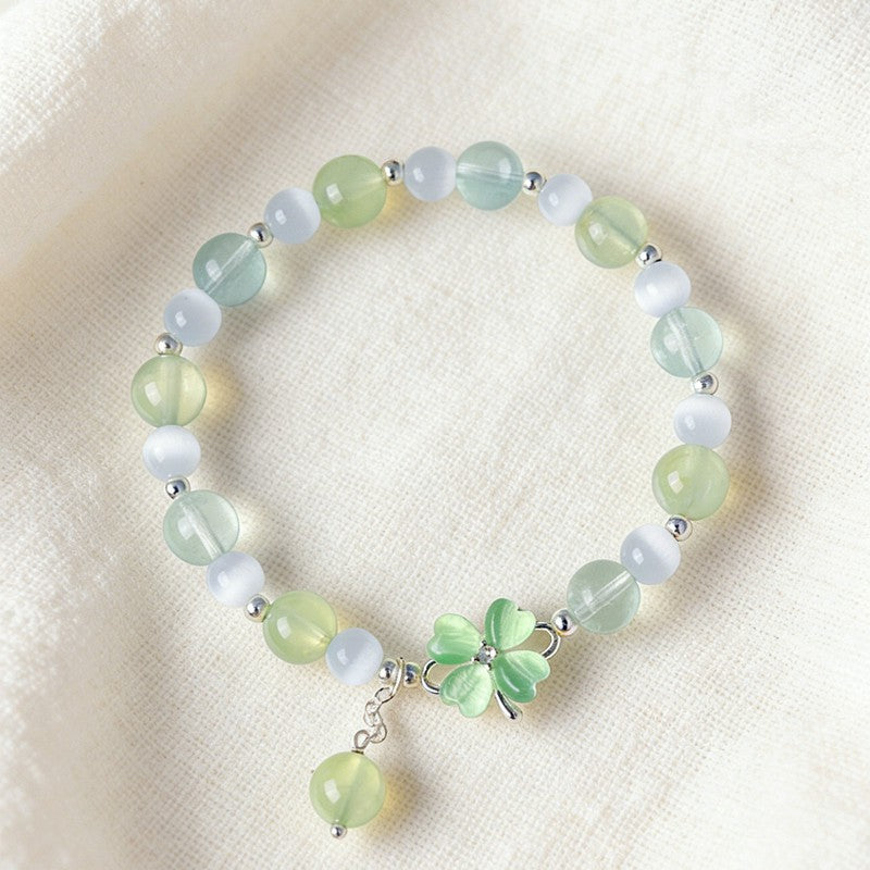 Buddha Stones Pulsera de amor con trébol de la suerte, cuarzo rosa prehnita y calcedonia azul - image 1