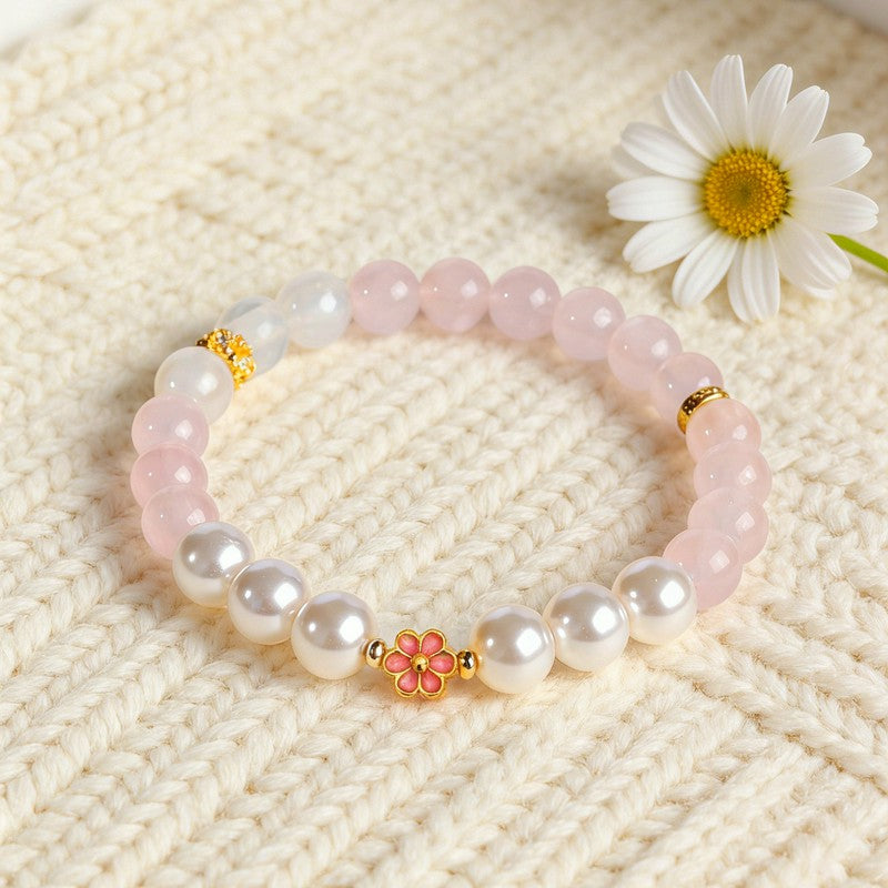 Buddha Stones Pulsera Armonía de Flores Dulces con Cuarzo Rosa y Cuarzo Transparente - Cuarzo rosa (circunferencia de la muñeca: 14-15 cm) - image 0
