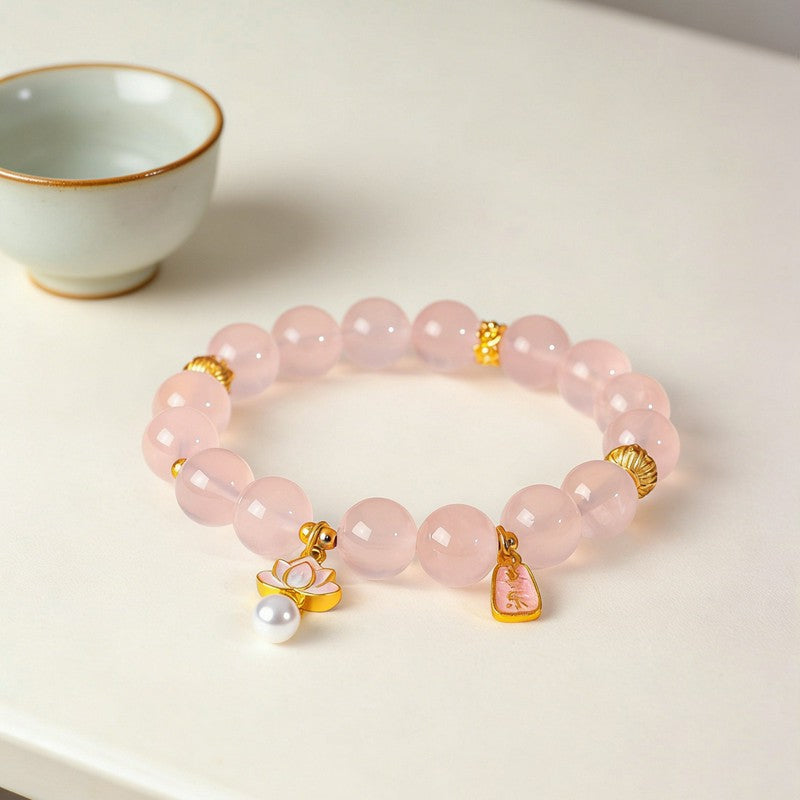 Buddha Stones Pulsera con dije de loto de cuarzo rosa natural y cuarzo transparente - image 3