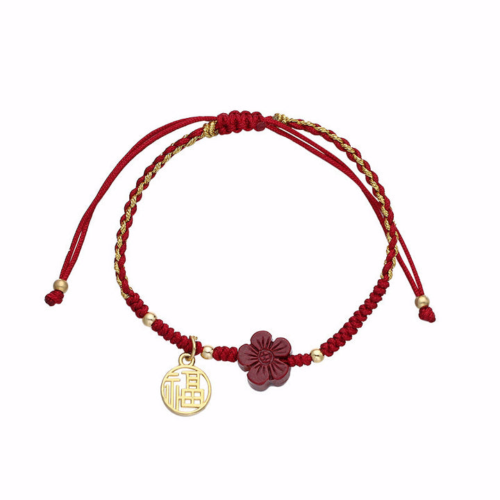 Pulsera de hilo trenzado con Buddha Stones, flor de cinabrio, carácter Fu, bendición