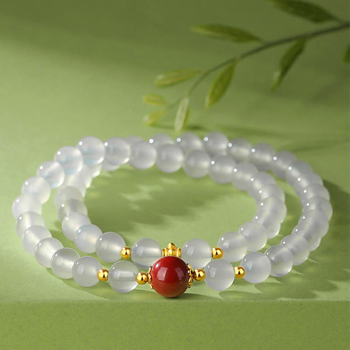 Pulsera de protección doble de cinabrio de ágata blanca natural de plata de ley 925 con Buddha Stones - Ágata blanca y cinabrio - image 0