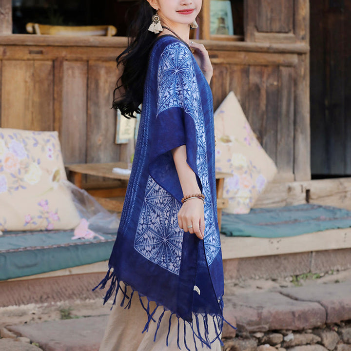 Jersey de viaje acogedor con borlas y chal Batik de rayas geométricas azules con Buddha Stones 90*95cm