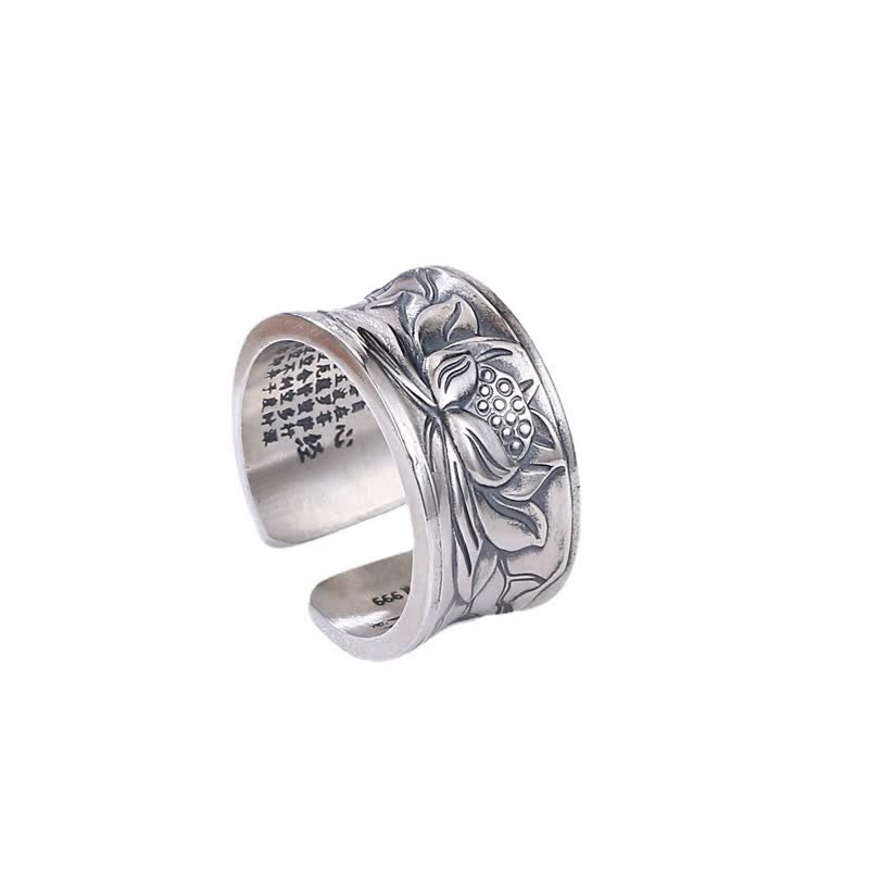 Anillo de protección Sutra de corazón de flor de loto de plata de ley 999 con Buddha Stones