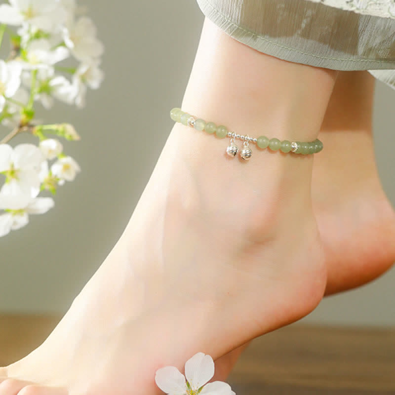 Tobillera con colgante de campana de prosperidad de jade hetiano natural de plata de ley 925