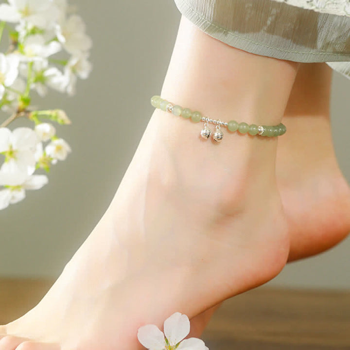Tobillera con colgante de campana de prosperidad de jade hetiano natural de plata de ley 925