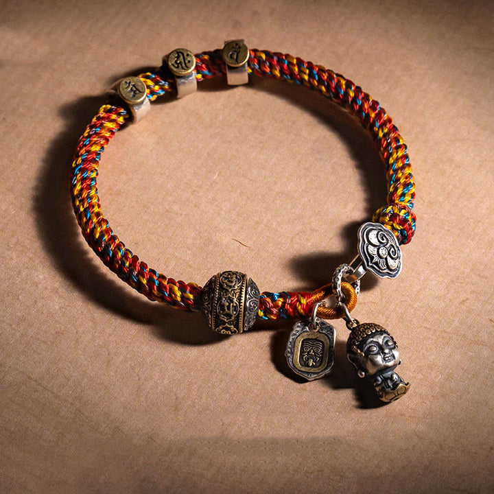 Buddha Stones hechas a mano tibetana de plata de ley 925, zodíaco chino, Buda natal Zakiram, diosa de la protección de la riqueza, pulsera trenzada de cuerda multicolor