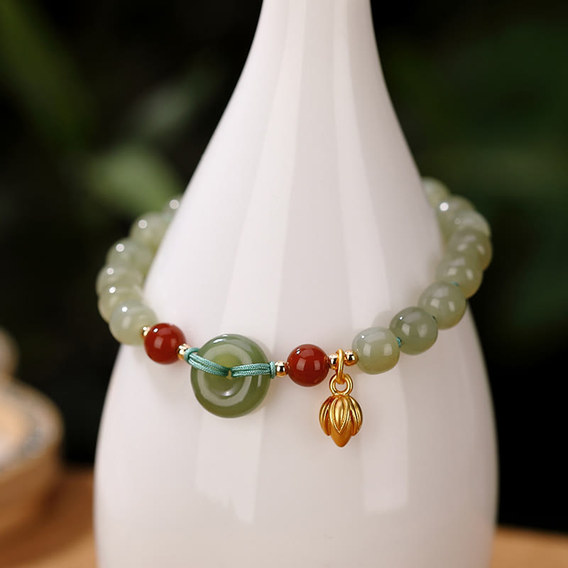 Pulsera de la suerte de ágata roja con hebilla de la paz de jade hetiano natural de plata de ley 925