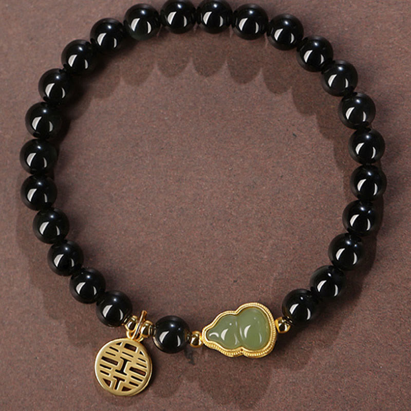 Pulsera de fuerza de doble felicidad con calabaza de jade hetiano de obsidiana negra natural