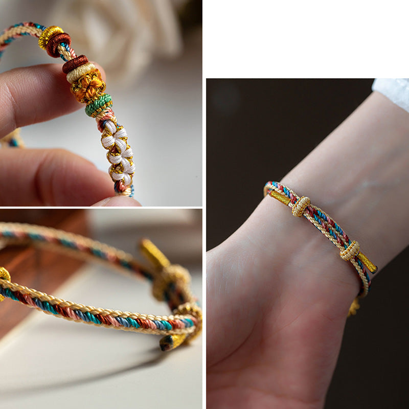 Pulsera de hilo trenzado con diseño de flor de melocotón de color Dunhuang hecha a mano con Buddha Stones
