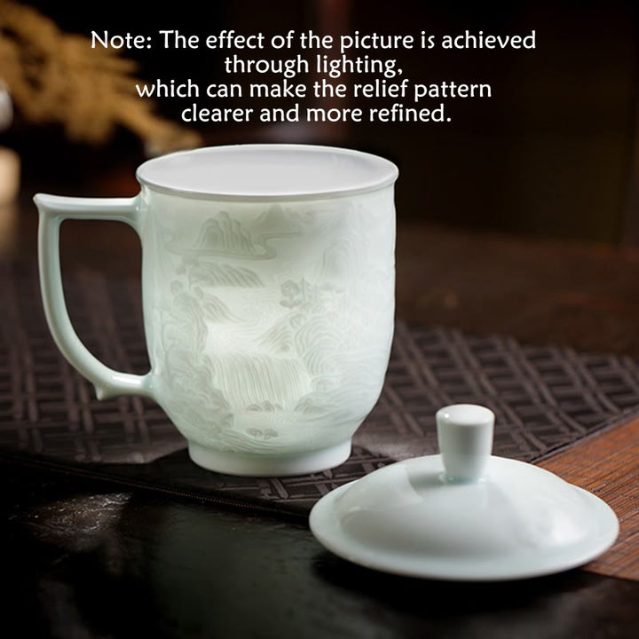 Buddha Stones Jingdezhen, porcelana blanca hecha a mano, gran pared, paisaje, taza de té de cerámica grabada, taza de oficina, tazas de té