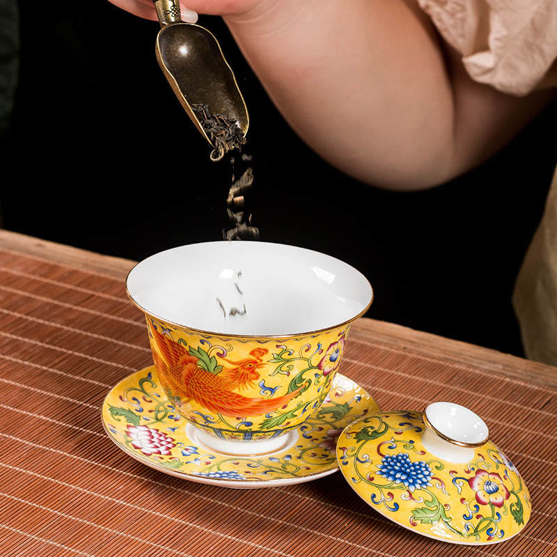 Taza de té de cerámica con diseño de flor de Fénix y dragón, Buddha Stones , Gaiwan Sancai, taza de té de Kung Fu y platillo con tapa