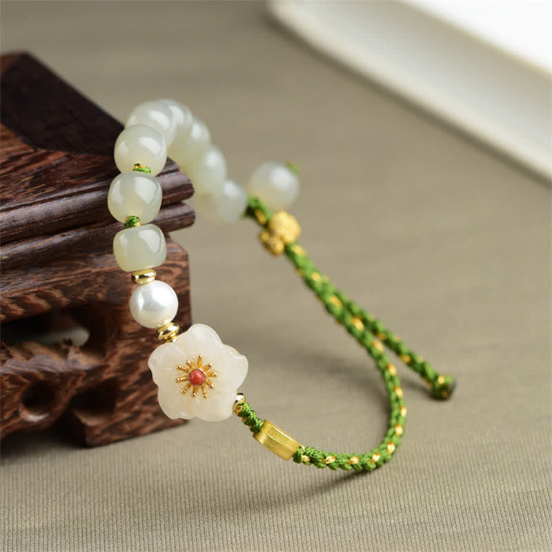 Pulsera de la suerte de flor de melocotón de jade hetiano natural de plata de ley 925