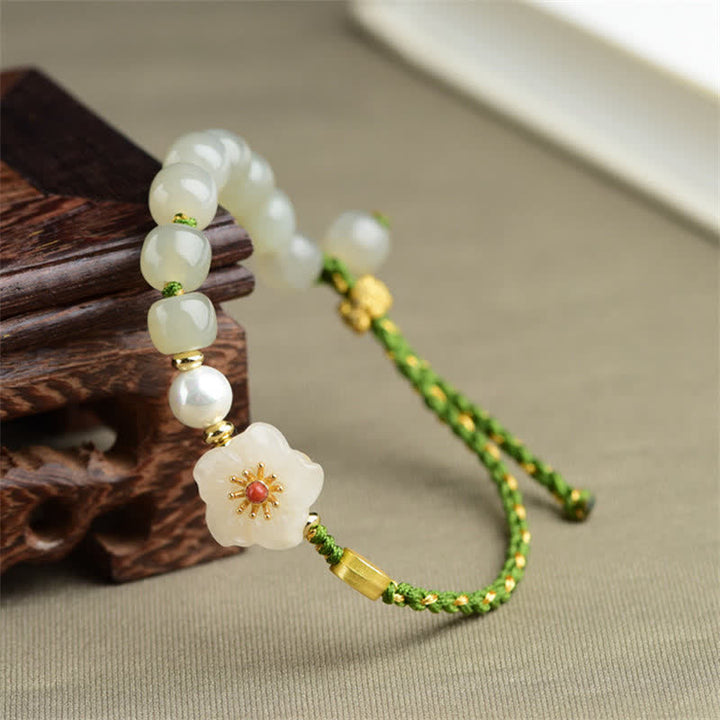 Pulsera de la suerte de flor de melocotón de jade hetiano natural de plata de ley 925