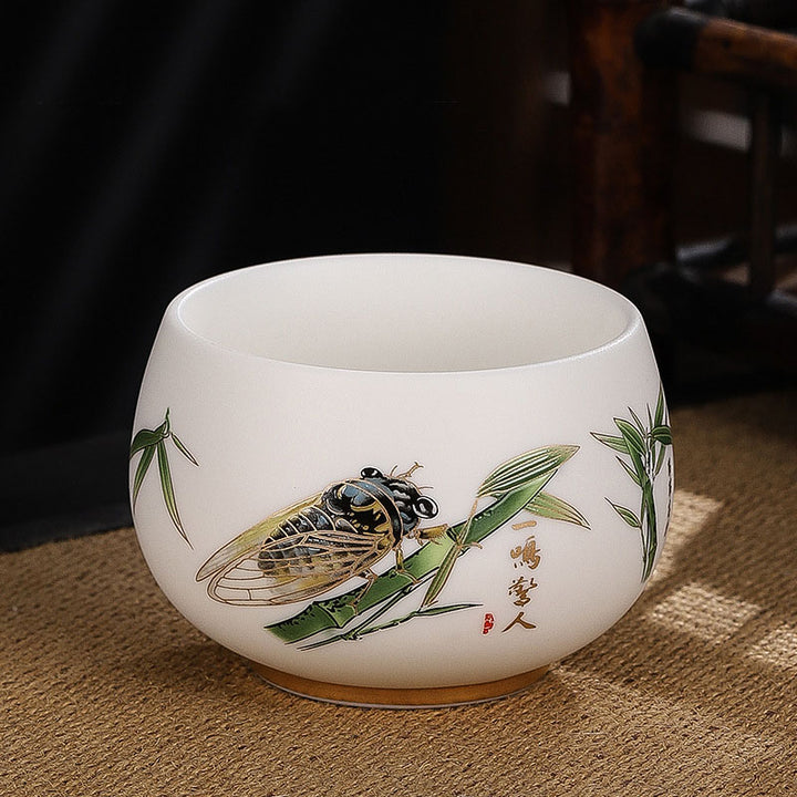 Buddha Stones, dragón, cigarra, bambú, ciervo, grulla, flor de loto, ciruela, taza de té de cerámica, taza de té de Kung Fu, tazón de 185ml