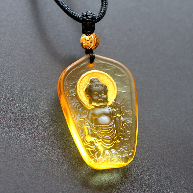 Collar con colgante de serenidad de cristal Liuli de Buda tibetano con Buddha Stones - Luz de Buda amarilla - image 6