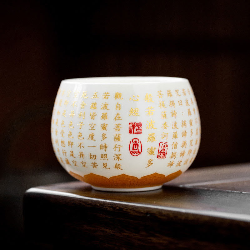 Taza de té y platillo con tapa, taza de té de cerámica Gaiwan, Sutra de corazón budista con Buddha Stones, pequeño personaje Fu