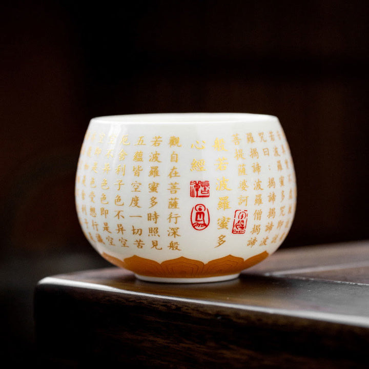 Taza de té y platillo con tapa, taza de té de cerámica Gaiwan, Sutra de corazón budista con Buddha Stones, pequeño personaje Fu
