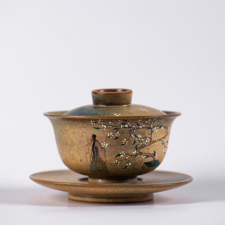 Buddha Stones Jingdezhen Pintado A Mano Ru Horno Porcelana Hanfu Niña Flor Cerámica Gaiwan Sancai Taza De Té Kung Fu Taza De Té Y Platillo Con Tapa