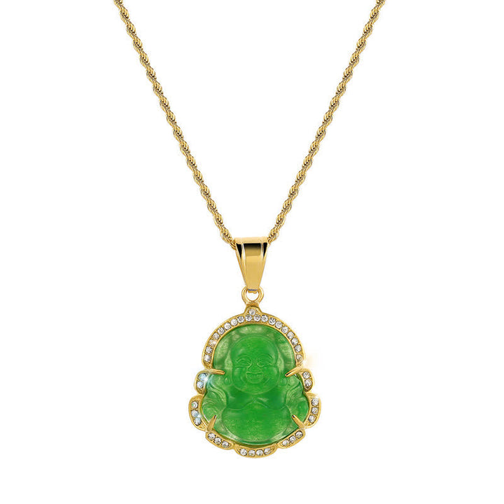 Colgante de cadena con collar de la suerte de jade de Buda sonriente relleno de oro de 18 quilates con Buddha Stones - image 3
