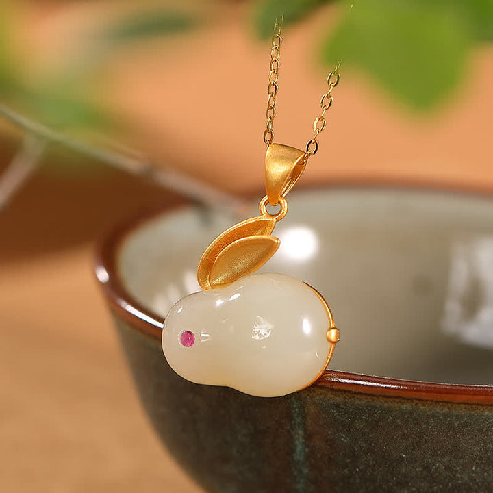 Buddha Stones Plata de Ley 925 Año del Conejo Hetian Jade Anillo de la Suerte Pendientes Collar Colgante