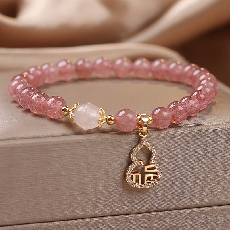 Pulsera positiva con dije de personaje Fu de calabaza de cuarzo fresa con Buddha Stones