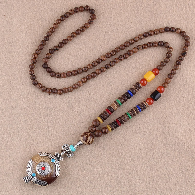 Colgante de collar de protección de elefante de ágata de semilla Bodhi de madera de wengué tibetano con Buddha Stones