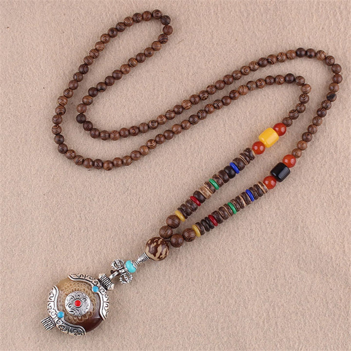 Colgante de collar de protección de elefante de ágata de semilla Bodhi de madera de wengué tibetano con Buddha Stones